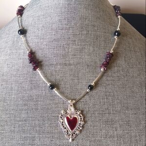 Handmade Sacred Heart Necklace w/ Garnets and Black Agate - New Item (17"-20")
